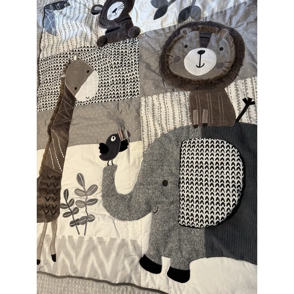 Lambs & Ivy Safari Adventure Jungle Crib Quilt Gray Embroidered Cotton Polyester